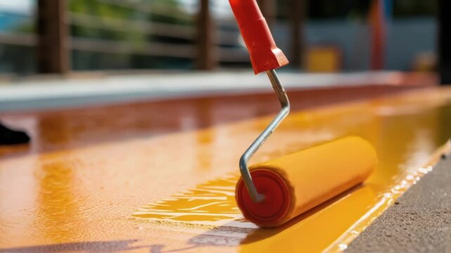 A medium closeup featuring a roller brush covered in vibrant reflective paint poised just above the surface showing the anticipation and precision before the application.