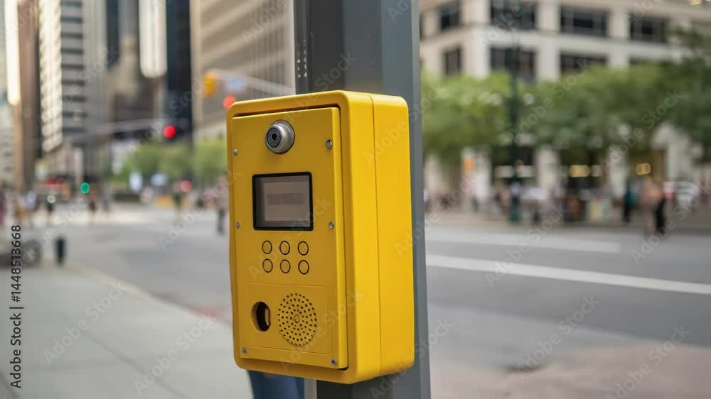 Poster a medium closeup of a bright yellow emergency call station mounted on a busy sidewalk with people wa