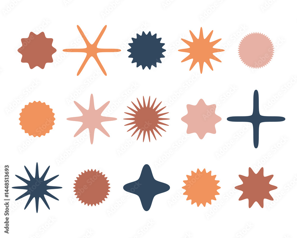 Aufkleber geometric shapes set in warm, earthy tones. abstract starbursts and badges convey retro vibes. ideal