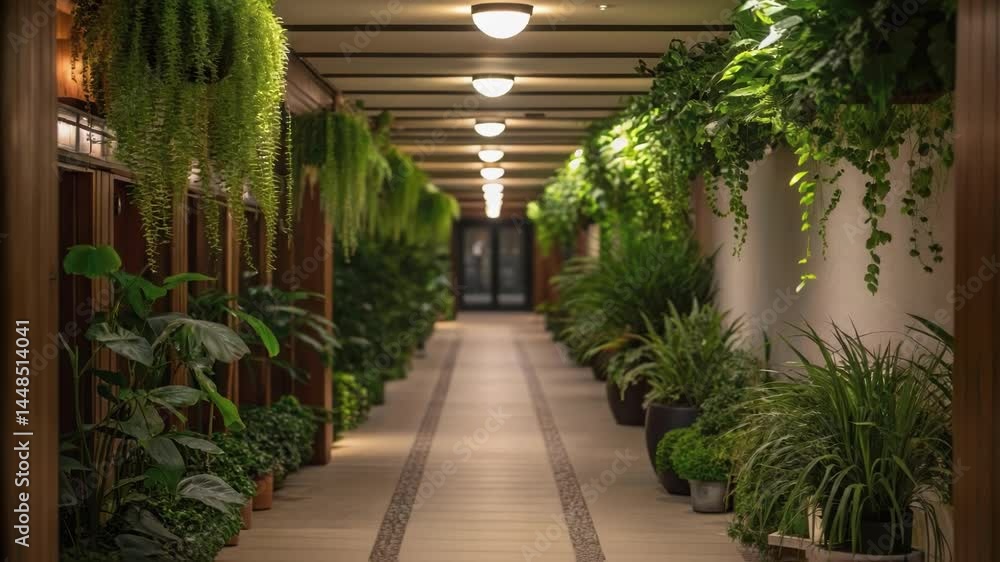 Poster A medium closeup of a corridor featuring plants and greenery with overhead lighting complementing the natural elements creating a healing environment.