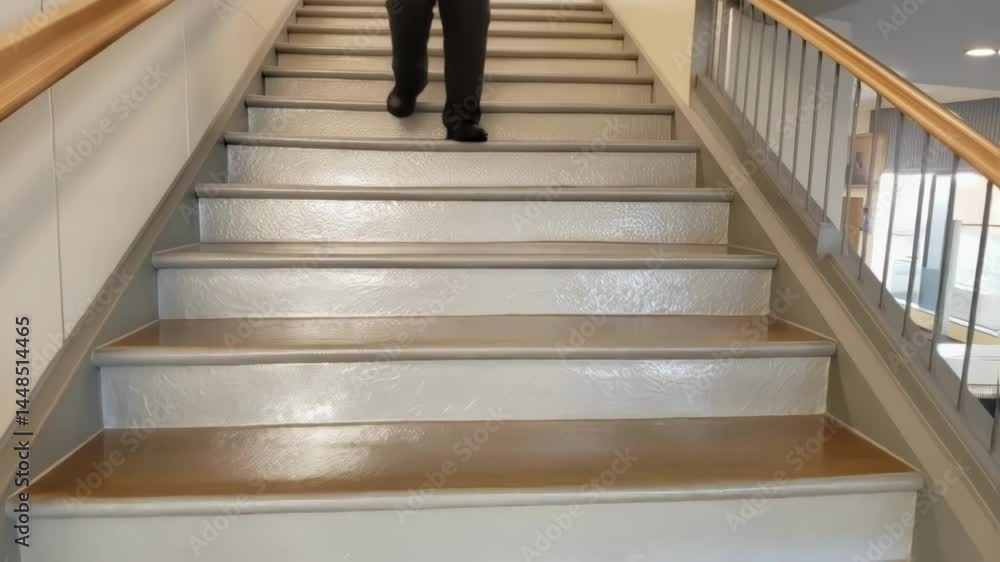 Poster a medium closeup of a freshly coated stair tread highlighting the glistening surface that reflects l