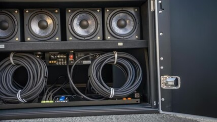 A medium closeup of a freshly installed sound system with cables neatly organized and speakers mounted reflecting the emphasis on enhancing audio quality for performances.