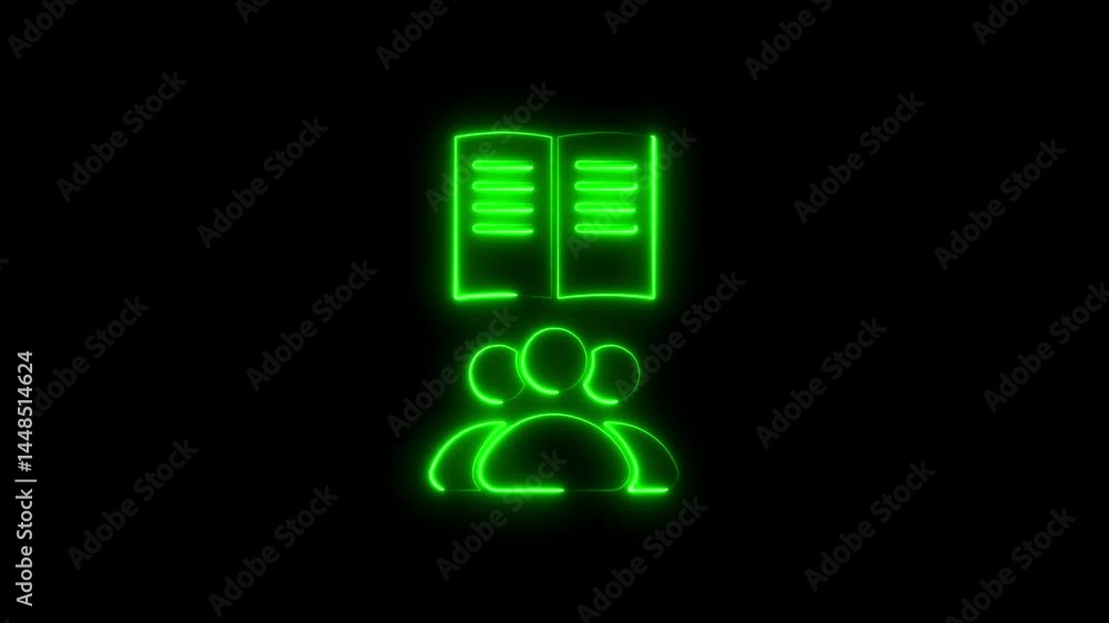 Poster Illuminated neon icon depicting group learning with a book on a dark background