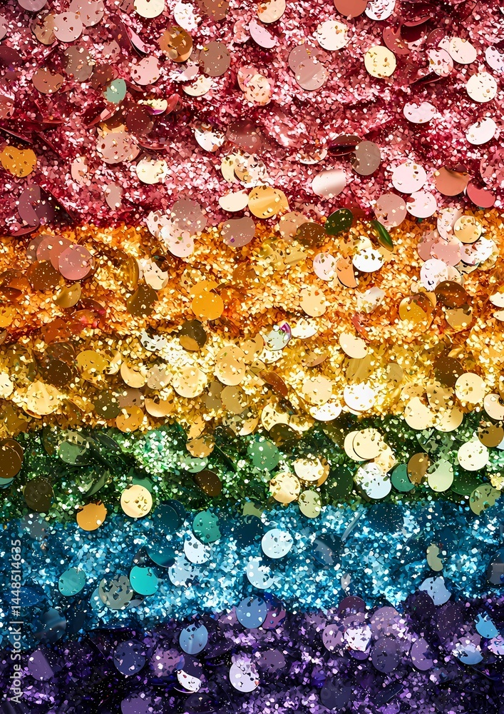 Poster a close-up shot of a vibrant display of sparkling sequins in the colors of the rainbow, arranged in 