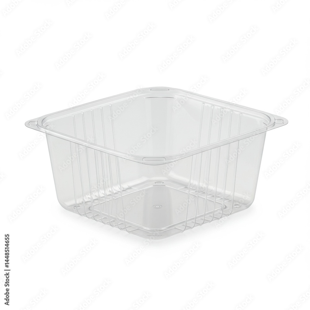 Poster a clear square plastic container with a ribbed bottom isolated on a white background in a studio sho