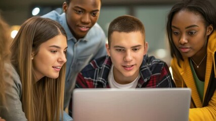 A medium closeup of a group of diverse students attentively gathered around a sleek touchscreen computer discussing software applications for their project. - Powered by Adobe