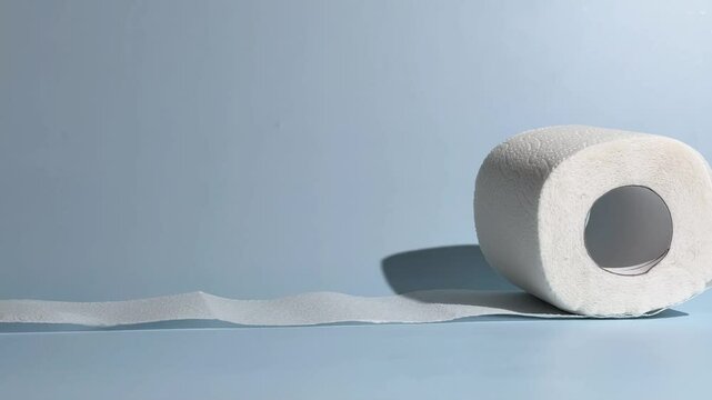 Toilet paper rolling on blue background and stopping