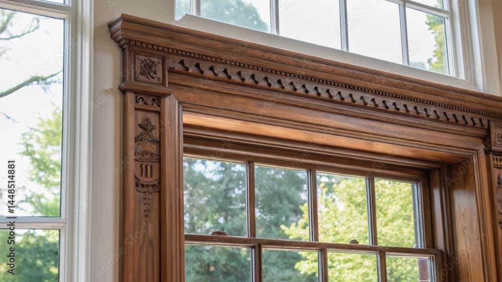 Poster A medium closeup of a historic window frame with restored woodwork and energyefficient glass allowing natural light to flood in while maintaining the structures original charm.