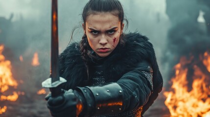 Obraz premium Fierce Female Warrior Amidst a Burning Battlefield