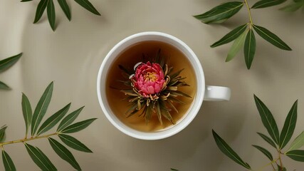 Top view of a blooming flower tea in a white cup. Healthy herbal drink for relaxation and wellness. Concept of blooming tea, leisure and caffeine free beverage.