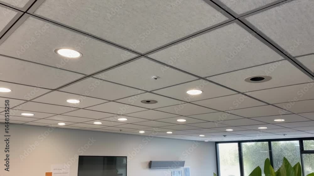Aufkleber A medium closeup of an acoustic ceiling tile with integrated lighting designed to reduce sound while creating a calm environment for deliberation.