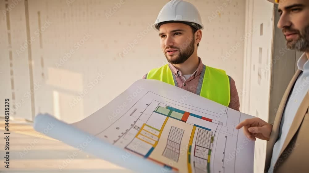 Poster A medium closeup of an architect discussing blueprints with a contractor highlighting colorful design sketches of an expansive reading area with natural light.