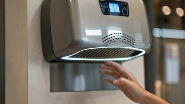 A medium closeup of a modern hand dryer with an infrared sensor capturing warm air blowing as a user positions their hands underneath for handsfree drying.