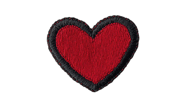 A vibrant red heart patch with a black border. symbolizing love and affection. suitable for embellishing clothing or accessories. set against a clean. transparent background