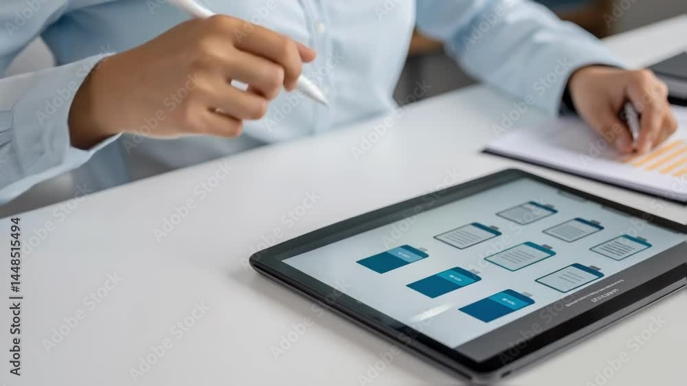 Poster A medium closeup of an employee meticulously labeling digital files on a tablet emphasizing the importance of accurate data categorization during the digitization process.