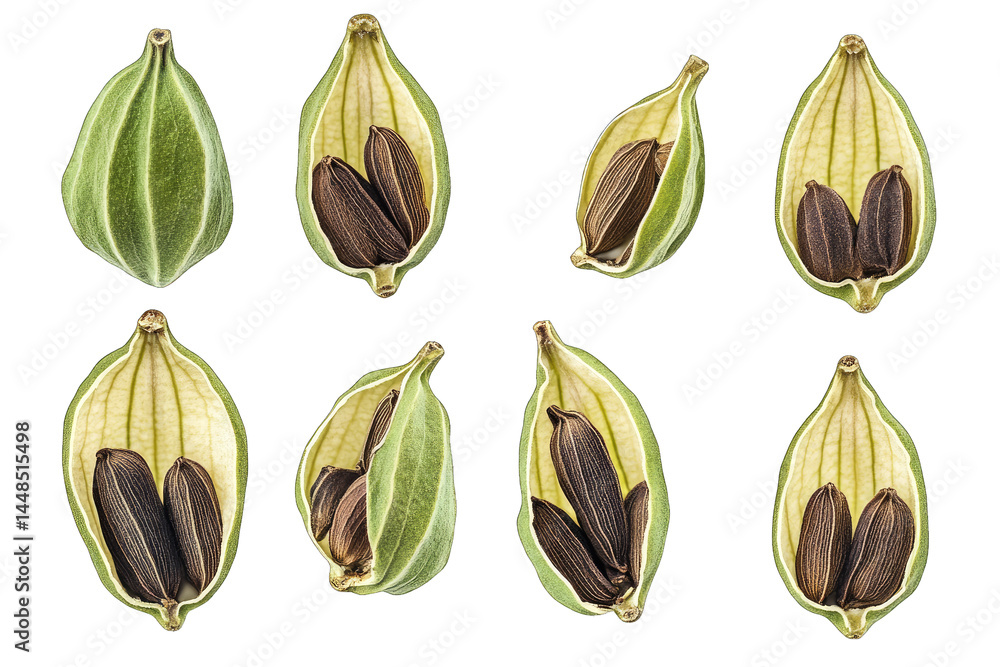 Poster a close-up view of cardamom pods showcasing their unique shapes and colors. with seeds partially vis
