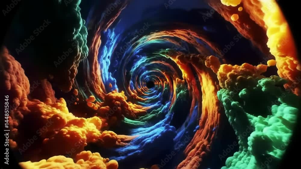 Poster flying through colorful abstract clouds slow motion animation