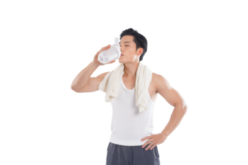 Portrait of muscular asian man wearing sportswear posing on white background