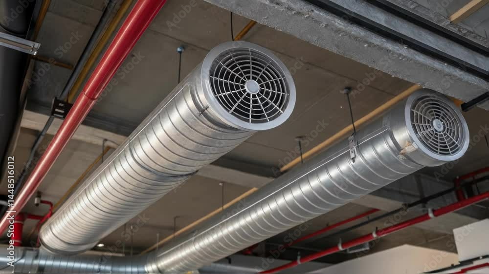 Poster a medium closeup of an updated ventilation system in the garage with visible air ducts and exhaust f