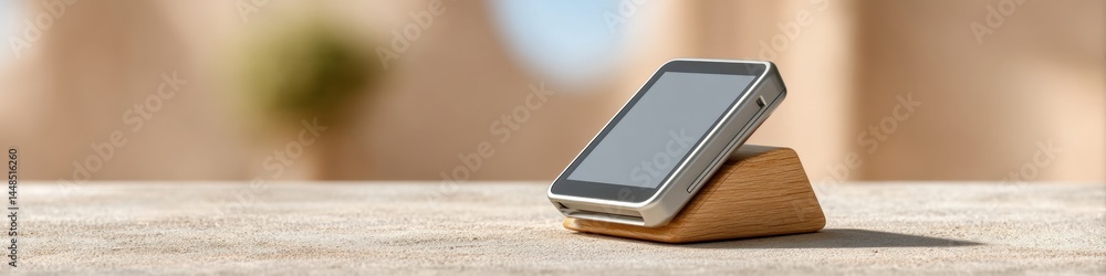Poster minimalist digital payment revolution sleek wooden stand transforms retail tech with elegant mobile 
