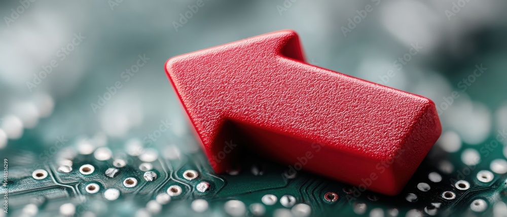 Poster digital economic decline vibrant red arrow plummeting across circuitry visualizes tech industry disr