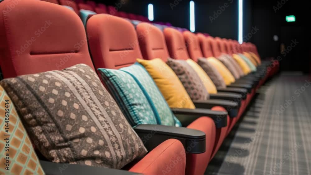Poster a medium closeup of a row of empty cinema seats their plush cushions freshly installed showcasing a 