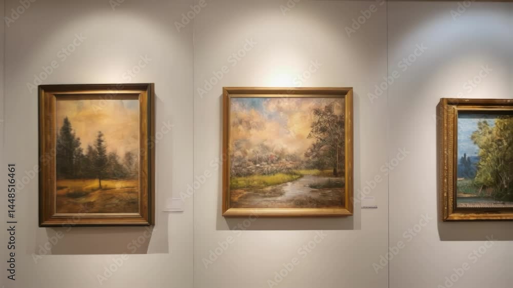 Poster a medium closeup of a row of paintings hanging on a newly renovated wall each piece bathed in consis