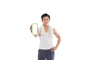 Portrait of muscular asian man wearing sportswear posing on white background