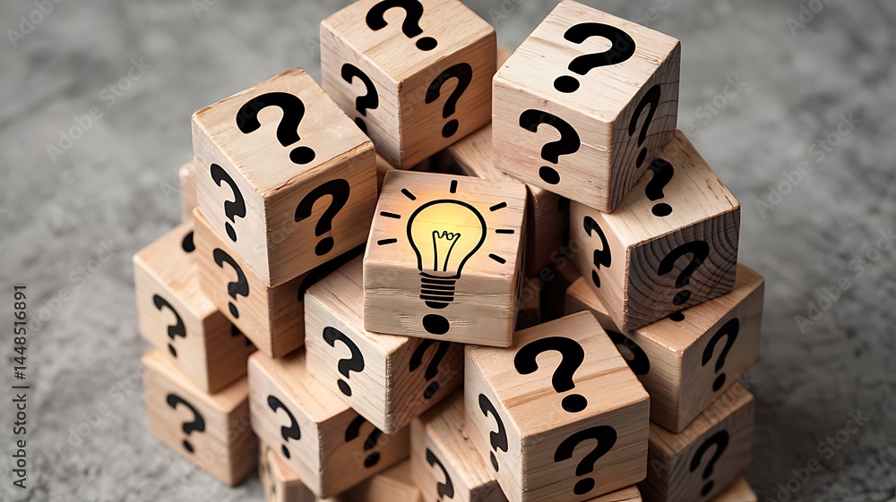 Poster pile of wooden blocks with question marks and light bulb representing solution innovation and proble