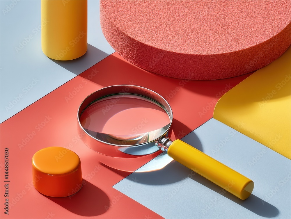 Aufkleber Geometric Data Discovery Minimalist Magnifying Glass on Color-Block Surface - Innovative Visual Metaphor for Digital Research and Creative Problem-Solving