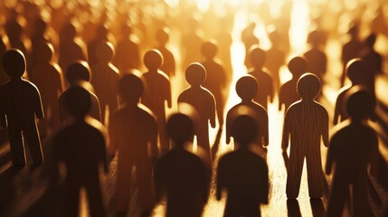 A Crowd of Wooden Figures Illuminated by Warm Light: Representing Unity, Community, and Togetherness.