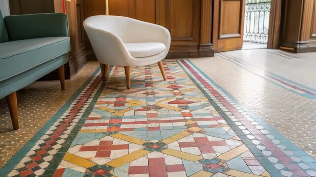A medium closeup of a traditional mosaic tile floor featuring carefully rep tiles in bright colors complemented by minimalist furniture that creates a striking balance of old and