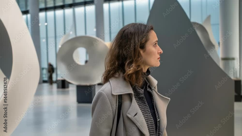 Poster a medium closeup of a visitor admiring a large contemporary sculpture with their facial expression c