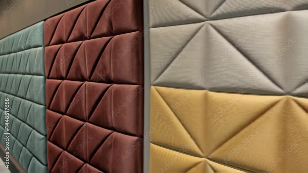Poster a medium closeup of a wall covered with fabric panels in varying textures offering a tactile experie