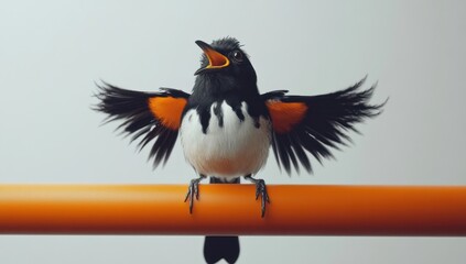 Obraz premium Bird Perched on Orange Bar, Ready to Fly