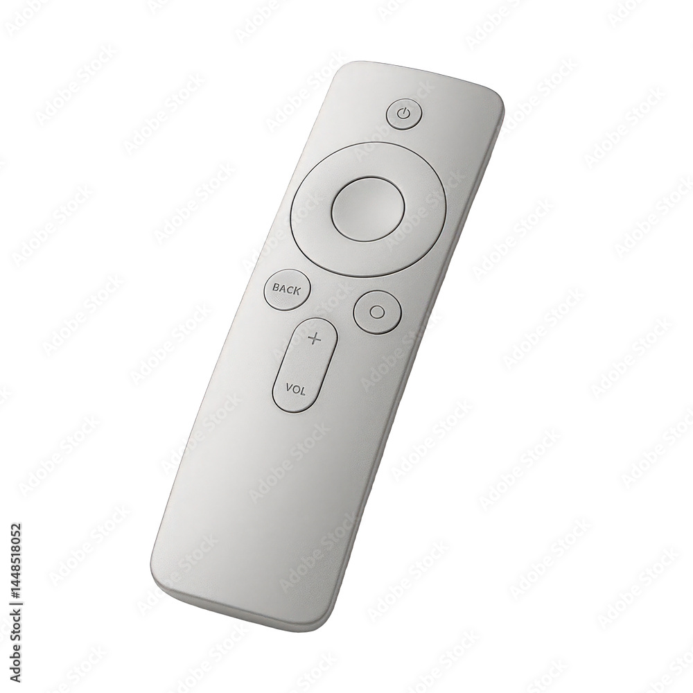 Poster sleek silver remote control featuring a prominent circular navigation pad and responsive control but