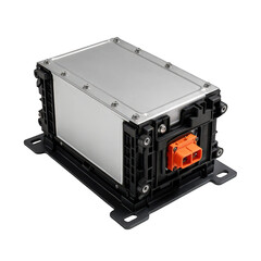 Fototapeta premium Advanced electronic power management module with durable metal enclosure, intricate plastic housing, and high-voltage connector.