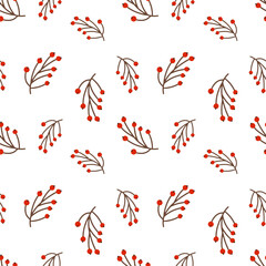 Seamless pattern with red berries on white background for holiday or winter design. Vector illustration