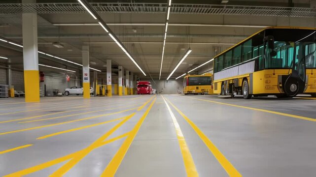 A medium closeup of freshly painted bright yellow lines on the concrete floor of a bus depot showcasing the meticulous detail and precision of the renovation work.
