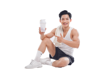 Portrait of muscular Asian man in sportswear sitting posing on white background