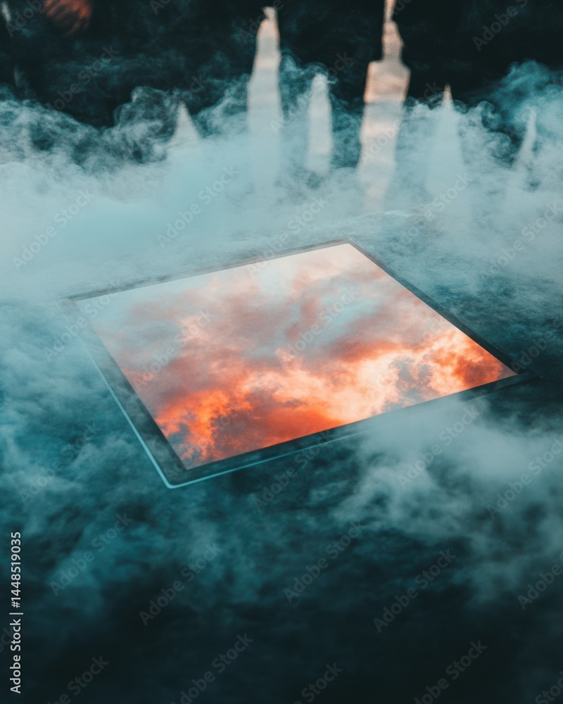Fototapete Immersive Digital Atmosphere Ethereal Cloud Computing Visualization with Fiery Holographic Interface - Next-Gen Tech Storytelling and Experiential Design Narrative