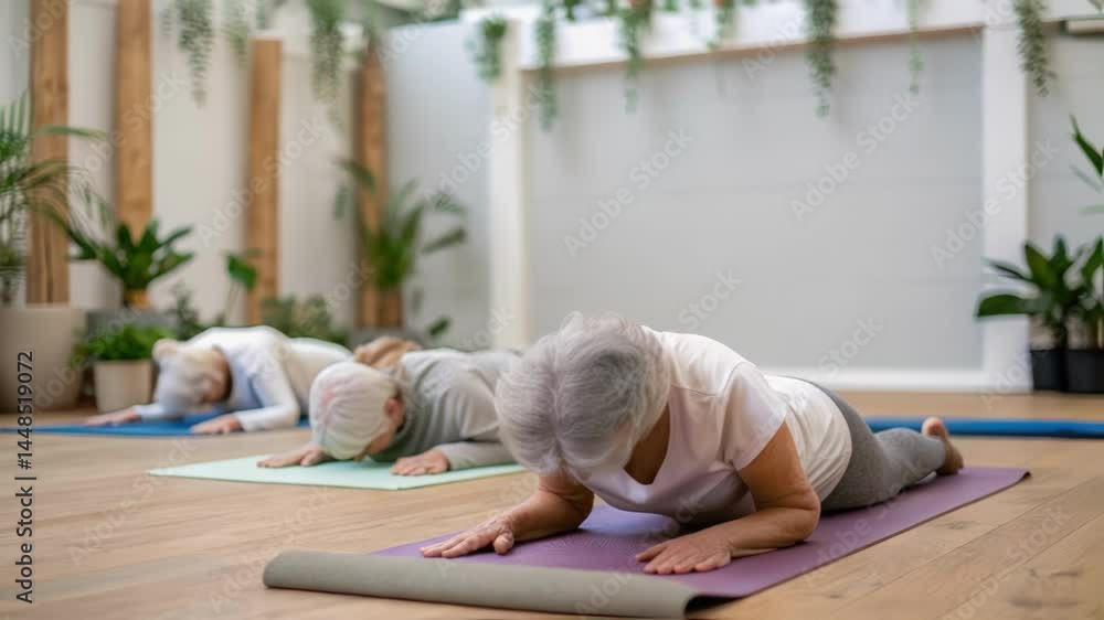 Aufkleber A medium closeup of seniors participating in a yoga session showcasing mats and a serene setting with soft lighting and calming decor.