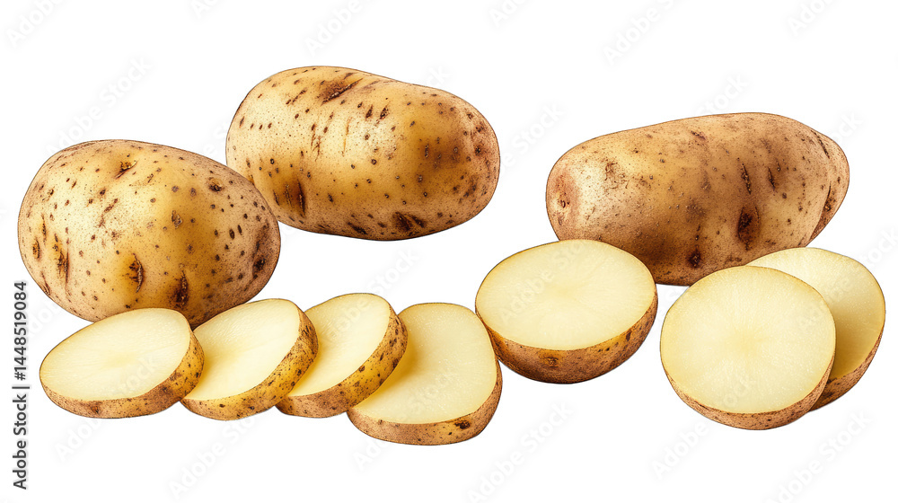 Poster freshly cut potatoes displayed on a clean surface. showcasing their smooth texture and natural speck