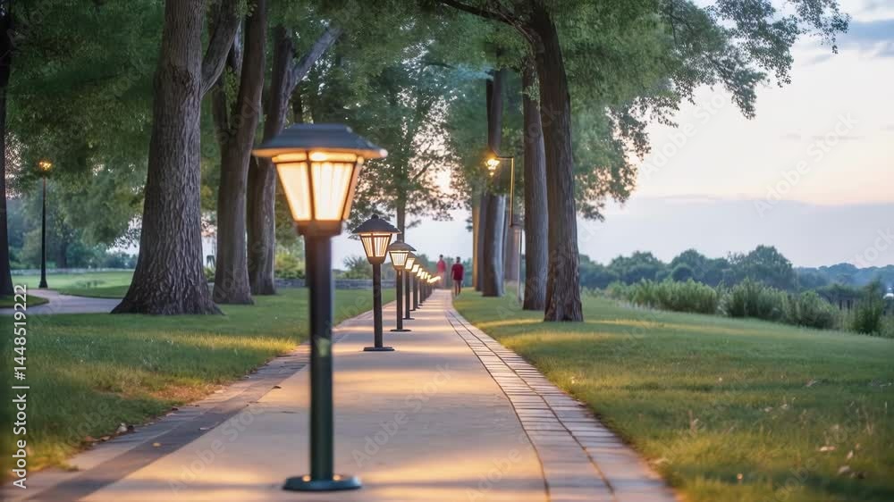 Poster a medium closeup of solar lights illuminating a walking path in a park at twilight with shadows cast