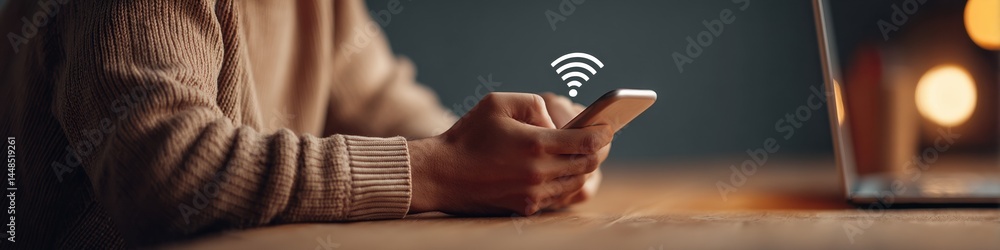 Poster seamless digital connectivity minimalist wireless networking concept with gen z tech user highlighti