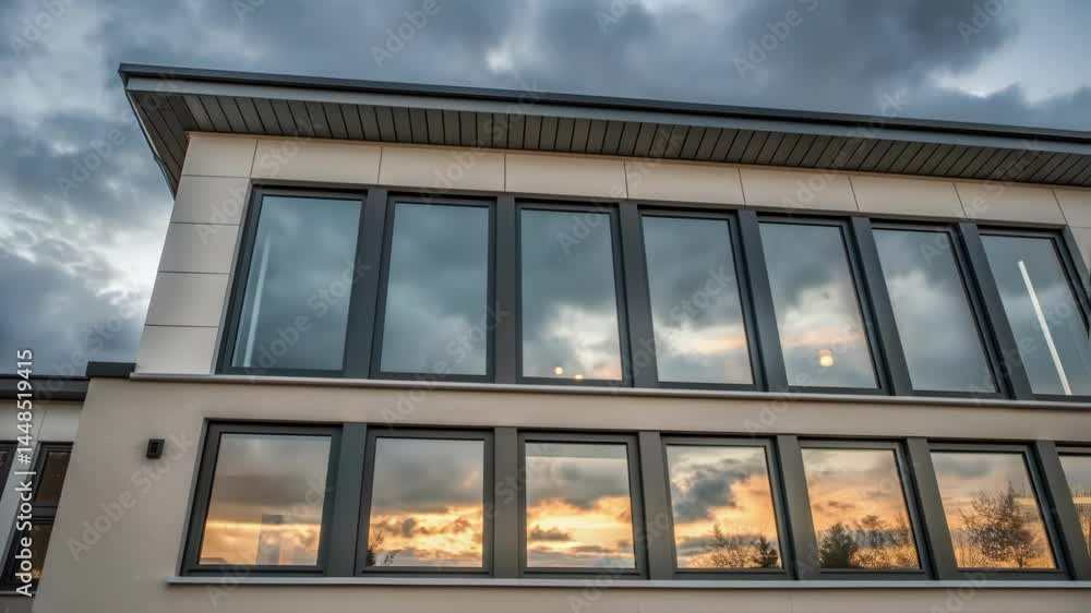 Aufkleber A medium closeup of the exterior view of a building with multiple energyefficient windows emphasizing their modern design and aesthetic appeal.