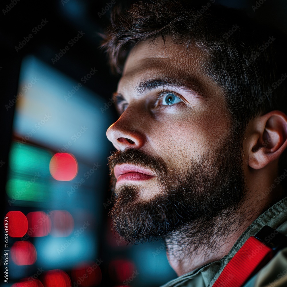 Poster cybernetic focus next-gen professional capturing immersive tech experience with cinematic blue-tinte