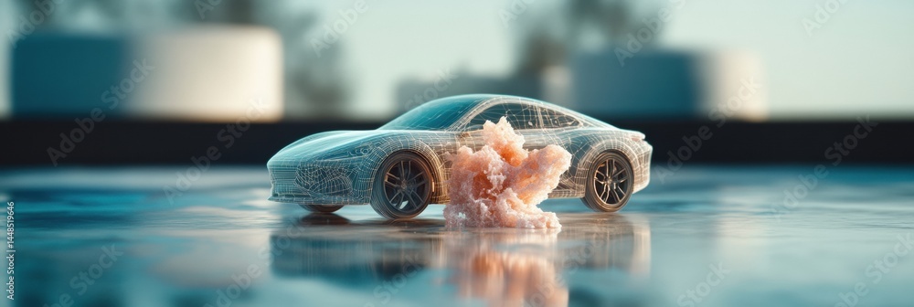 Poster Hyperrealistic AI- Automotive Design Futuristic Electric Vehicle Prototype Emerging from Digital Metamorphosis with Liquid Metallic Transformation