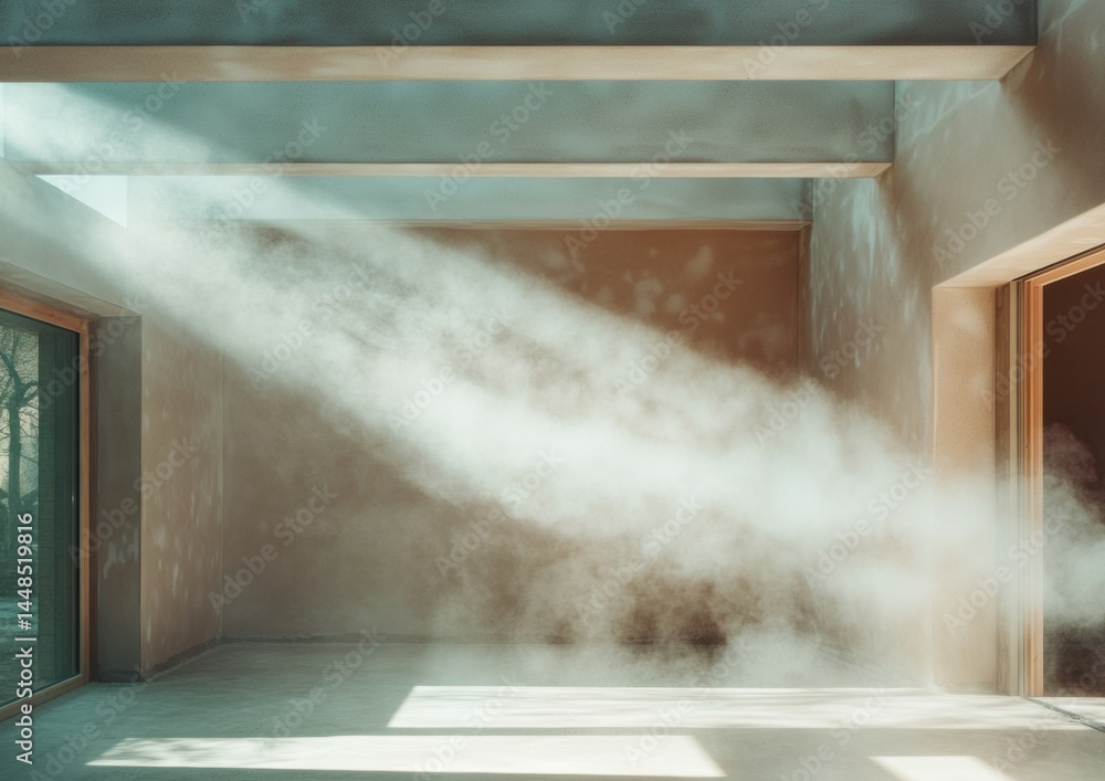 Poster minimalist home renovation visualization soft architectural light and transformative dust particles 