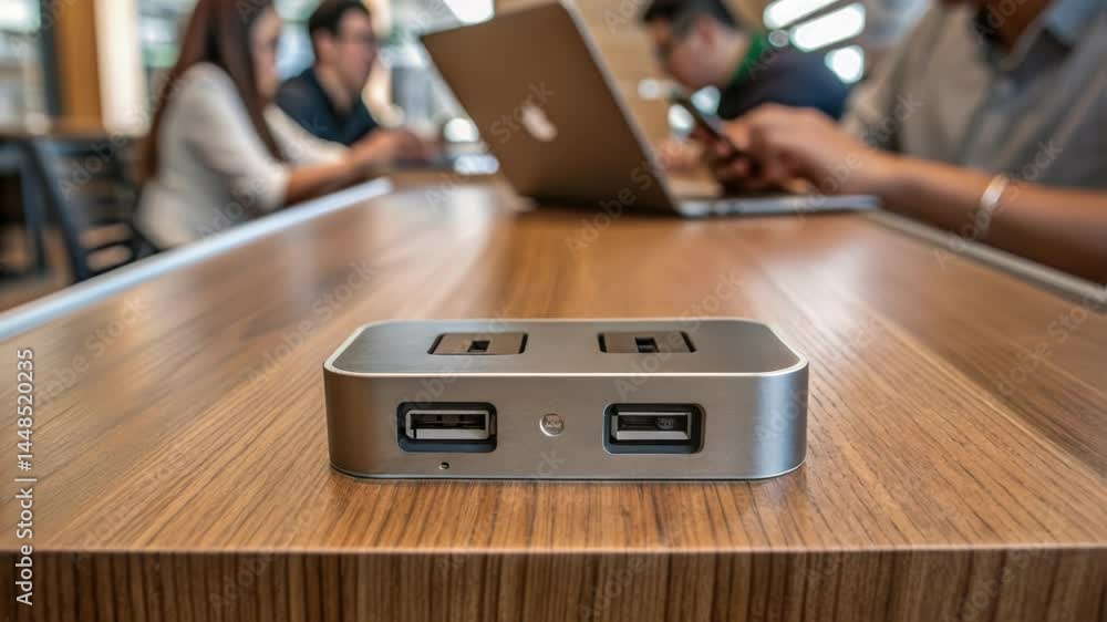 Poster A medium closeup showcasing a modern charging port embedded in a sleek wooden table with patrons in the background using their devices.